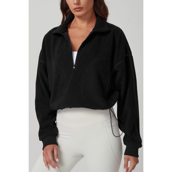 Women's Black Half Zip Fleece Short Pullover Long Sleeve Cozy Sherpa Sweater - Picture 4 of 6